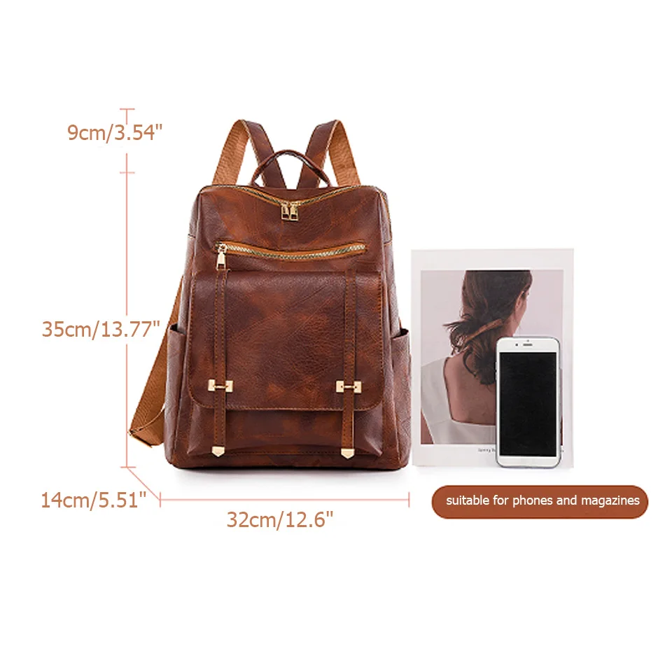 Womens Backpack Vintage Pu Leather Daypack Brown Casual Travel Retro Student School Bag