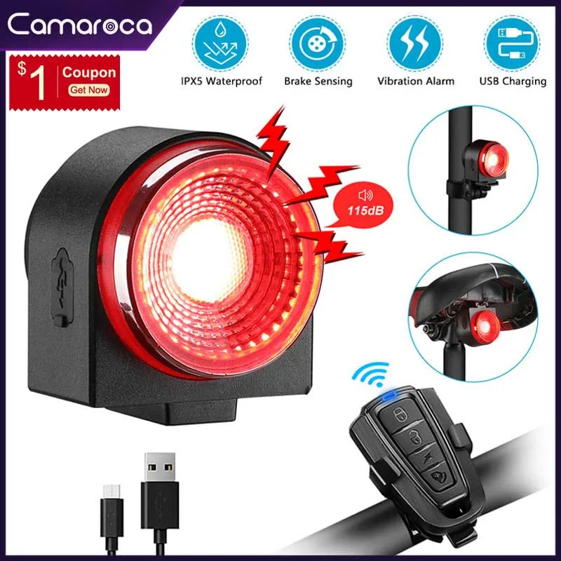 

Camaroca security protect Bike Burglar Alarm Taillight Waterproof Sensing Light Wireless Remote Control USB Charge Bicycle Alarm