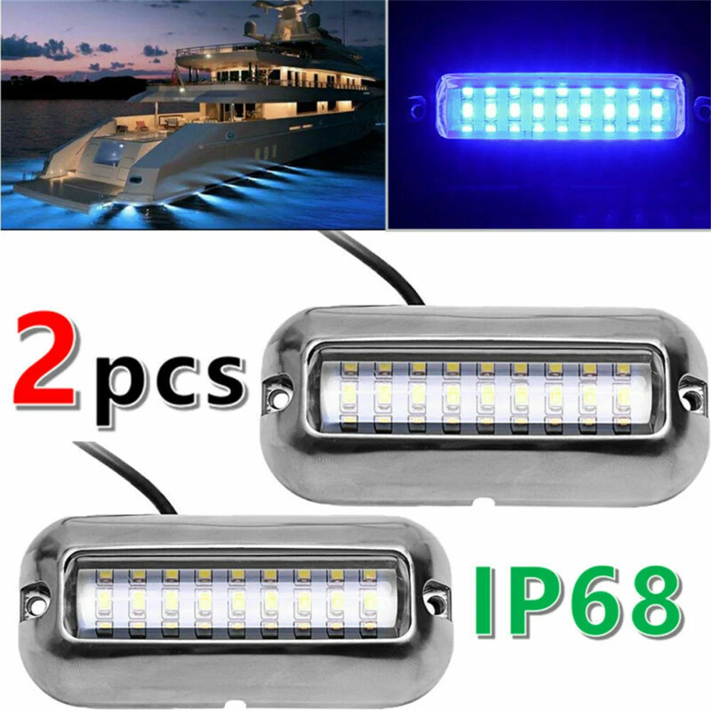 2PCS 27LED Blue/White/Red Stainless Waterproof  Lights Underwater Pontoon For Marine Boat Transom&Blue Light Sailing Lamp 50W refined waterproof underwater rgb ultra thin under wall mounted led pool lights water light swimming pool light