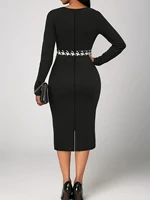 Plus Size Women Elegant Dress Thousand-Bird Lattice Color Contrast Printed Long-Sleeved OL Commuter Wind Bag Hip Elastic Dress - Image 3