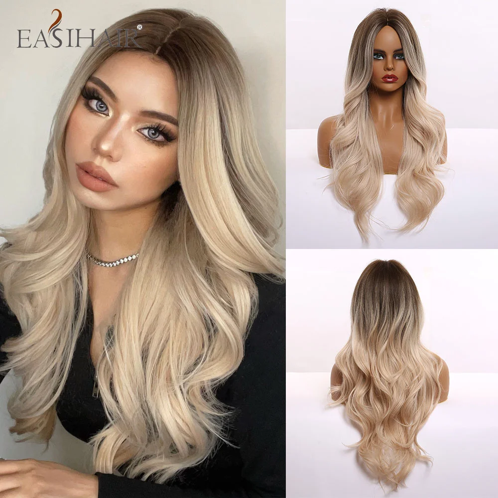 EASIHAIR Ombre Brown Light Blonde Platinum Long Wavy Middle Part Hair Wig Cosplay Natural Heat Resistant Synthetic Wig for Women freedom long wavy headband wig for black women none replacement ombre blonde brown grey body wave synthetic headband wig