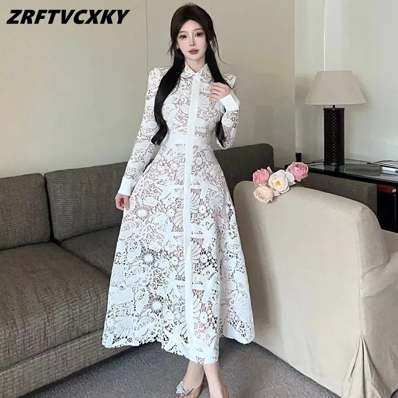 

Design Fashion Hollow Out Embroidery White Lace Dress For Women Spring Fall Elegant Lapel Collar Mid-Length Party Dress Robes