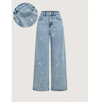 Women Diamonds Spliced Jeans Elegant Casual Midi Waist Denim Pants Solid Pockets Button Pant Washed Slight Strech Autumn Winter 1