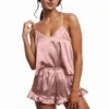 2 Piece Pajamas Set For Women Sexy Silk Satin Ruffled Nightwear Sleeveless Camisole And Shorts Sets Sleepwear Pijama Mujer 2