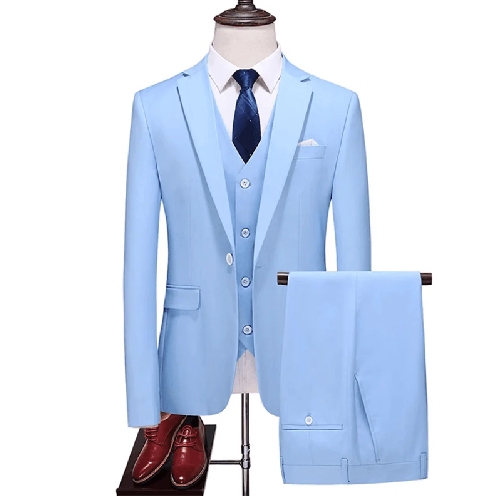 New Men Suits Sky Blue Notch Lapel One Button Linen Blazer Fashion and Elegant Suits for Men Business Wedding Slim 3 Piece