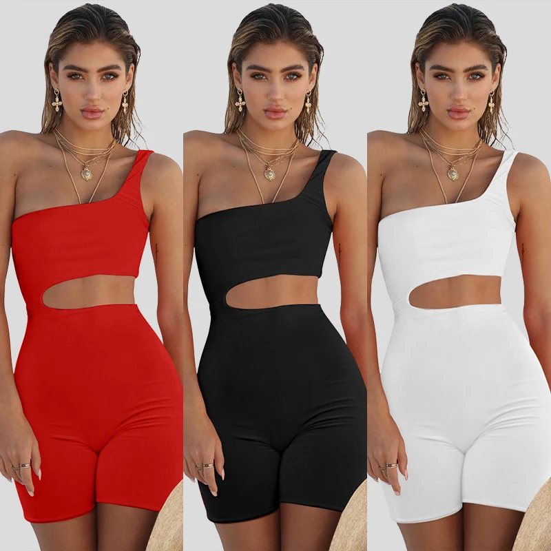 

One Shoulder Hollowed Out Women's Jumpsuit Solid Color Slim Fit Set Cotton Breathable Shorts Fashion Sexy Female Clothing Outfit