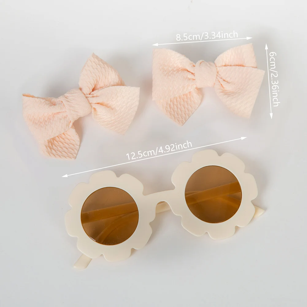 3Pcs/Card Flower Sunglasses with 2pcs 8.5cm Baby Hair Clips Set Bullet Fabric Princess Girl Hair Bow Hairpins Kids Sun Glasses 3