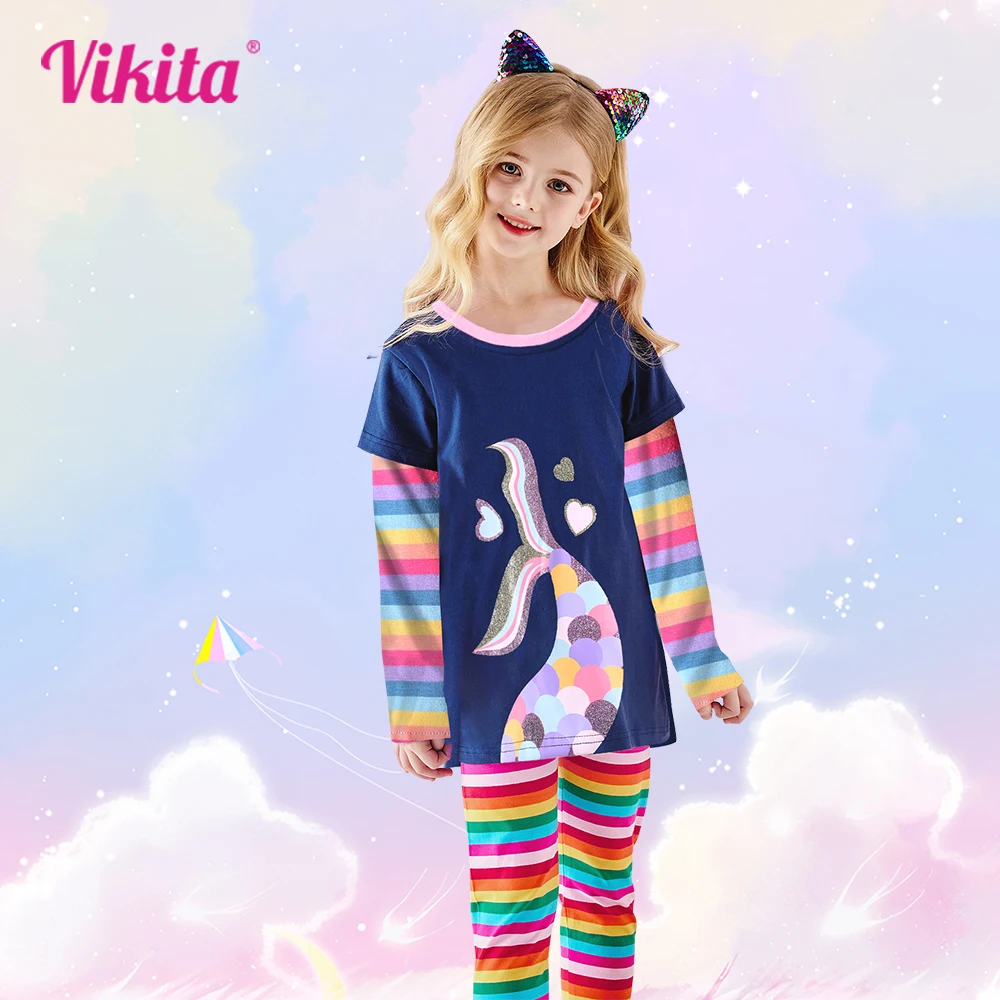 VIKITA Girls Unicorn Mermaid Sequins T Shirt Spring Autumn Long Sleeve Tops Casual Wear Girls Shirt Cotton T-Shirt 3-12T