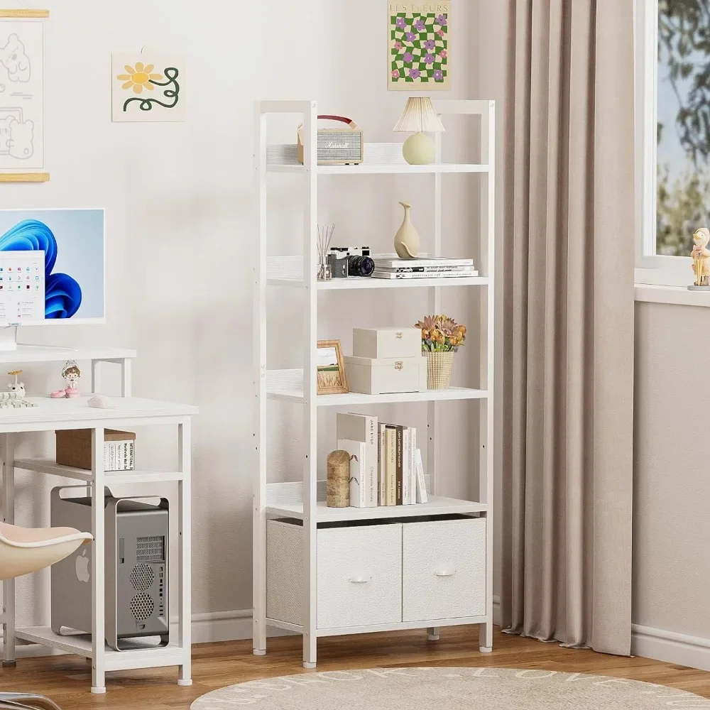 5 Tier Bookshelf with Drawers, Tall Bookcase with Shelves, Wood and Metal Bookshelf Storage Organizer, Free Standing Shelf