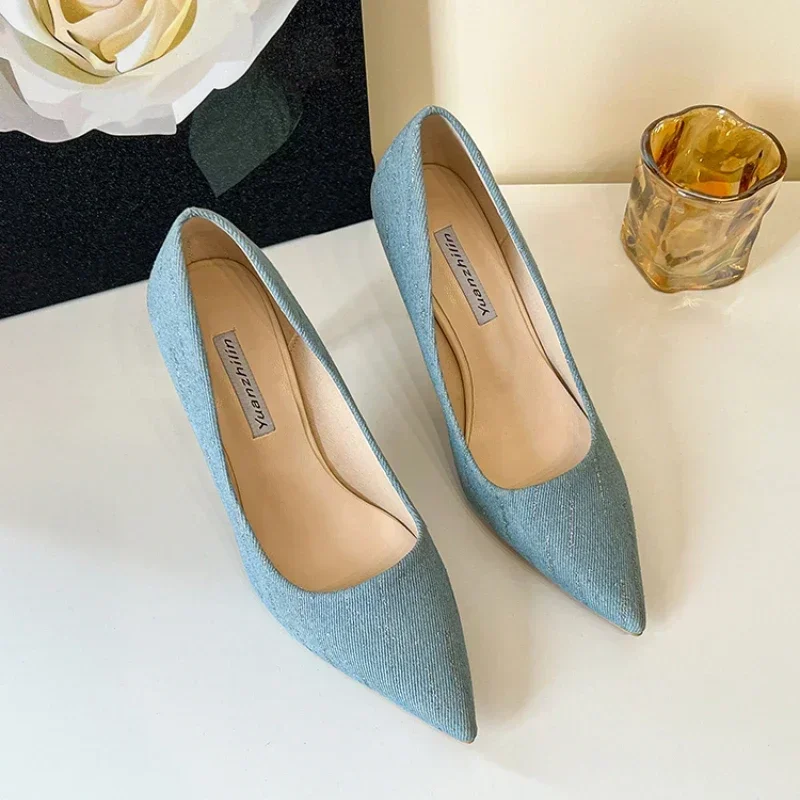 Plus Size Shoes Fashion Women Summer High Heels Wedding Shoes Denim Pointed Stiletto Heel Work Shoes 8cm High Heels 4