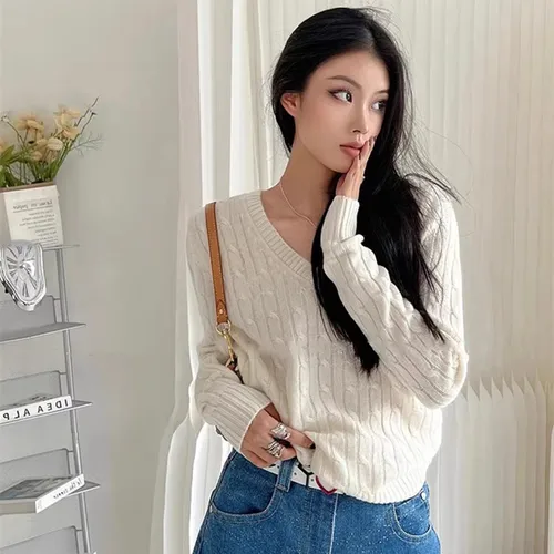 브랜디 맨디 여성용 가을 캐주얼 스웨터, V넥 긴팔 니트 풀오버 스웨터, 소녀 네이비 크롭 스웨터 4
