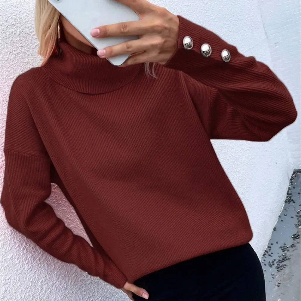 

Long Loose Hem Women Sweater Stylish Women's Turtleneck Sweater Cozy Ribbed Knitwear with Buttoned Cuffs Loose Fit for Autumn