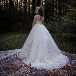 Flower Girl Dress For Wedding Tulle Applique Sleeveless Lace Backless Elegant Child First Eucharistic Birthday Party Dress