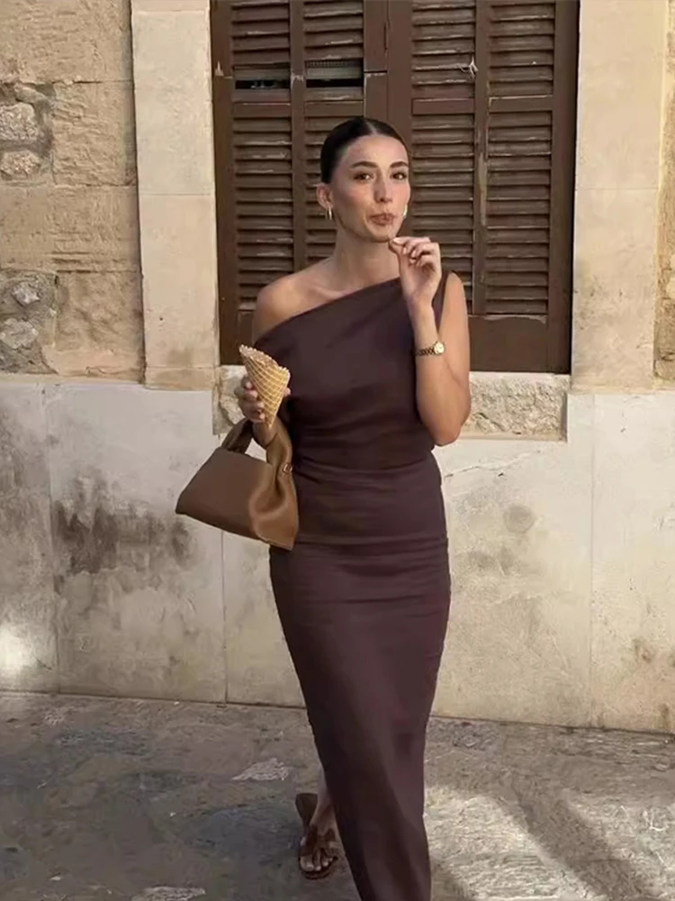 Slant Shoulder Sleeveless Pleated Long Dress Woman Solid Color Slim Slit Robe Elegant Minimalist Women's Evening Party Dresses - AliExpress 200000345 Slant Shoulder Sleeveless Pleated Long Dress Woman Solid Color Slim Slit Robe Elegant Minimalist Women's Evening Party Dresses - AliExpress 200000345