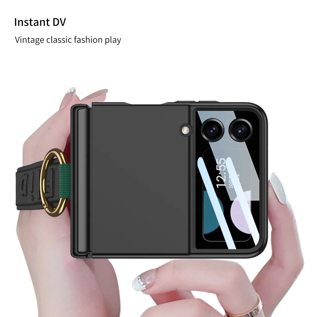 For Samsung Galaxy Z Flip 3 Case Ultra Thin Skin Friendly Matte Wrist Strap Metal Ring Bracket Mirror Film Shockproof Cover