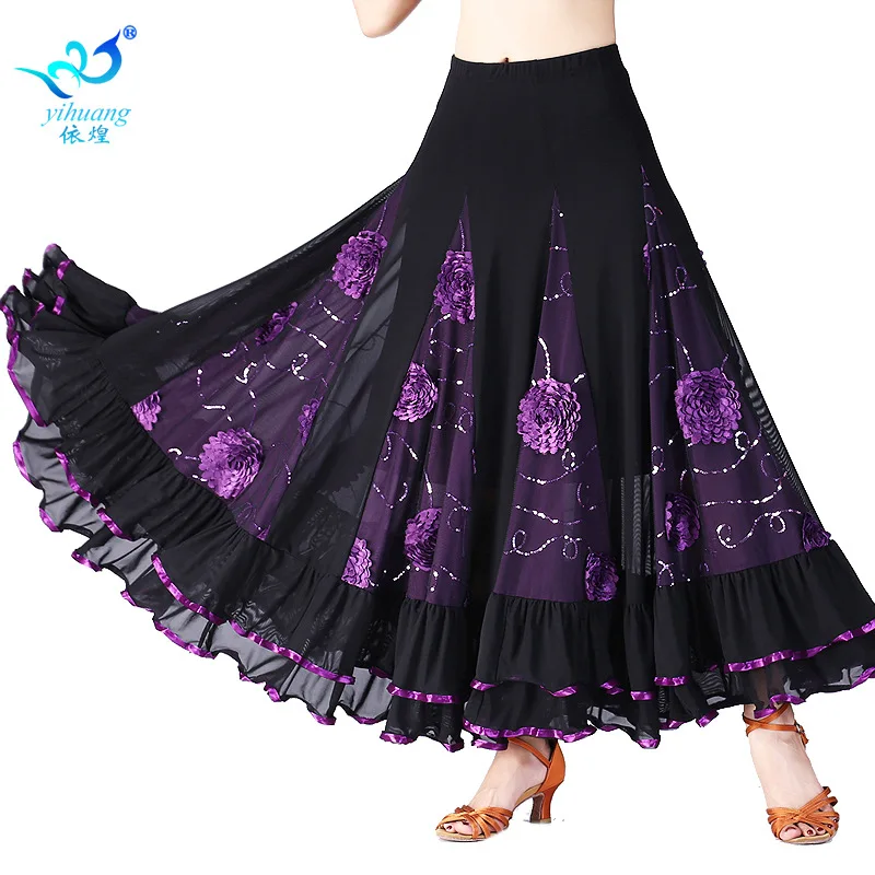 

1pcs/lot woman ballroom dancing skirt female flower chiffon ruffles long dancing skirt