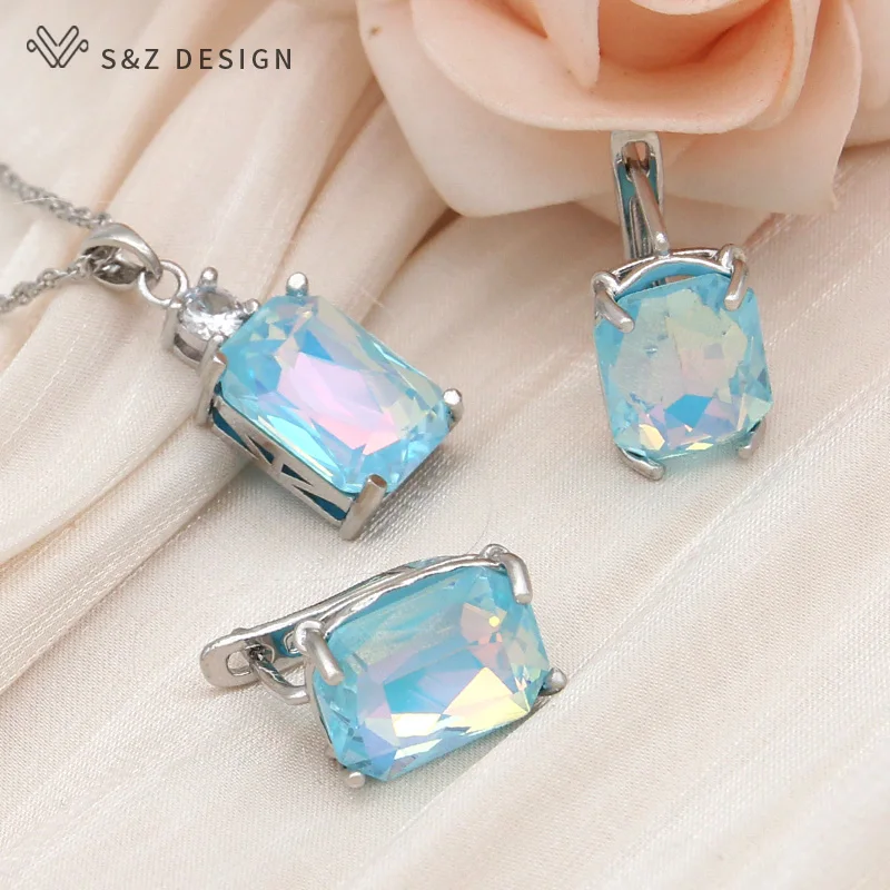 S&Z DESIGN New Fashion Colorful Rectangle Crystal Dangle Earrings Jewelry Sets For Women Wedding 585 Rose Gold Color Necklace