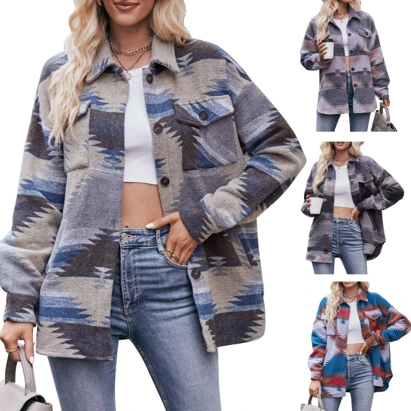 

Women's Printted Shacket 2023 Long Sleeve Button Up Shirt Fall Winter Jackets Woolen Coats Fashion Outerwear Tops