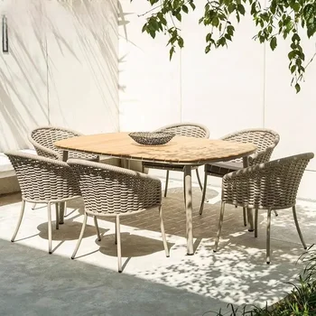 Tavoli e sedie per il tempo libero da giardino, mobili per sedie da pranzo in rattan per soggiorno in famiglia, impermeabili e con protezione solare 1