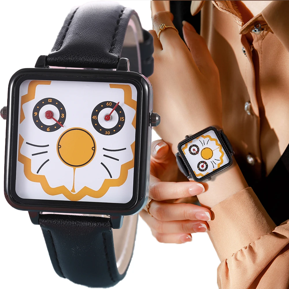 New Fashion Temperament Women's Wristwatch Creative Double Eye Doodle Cartoon Belt Watch Square Clocks