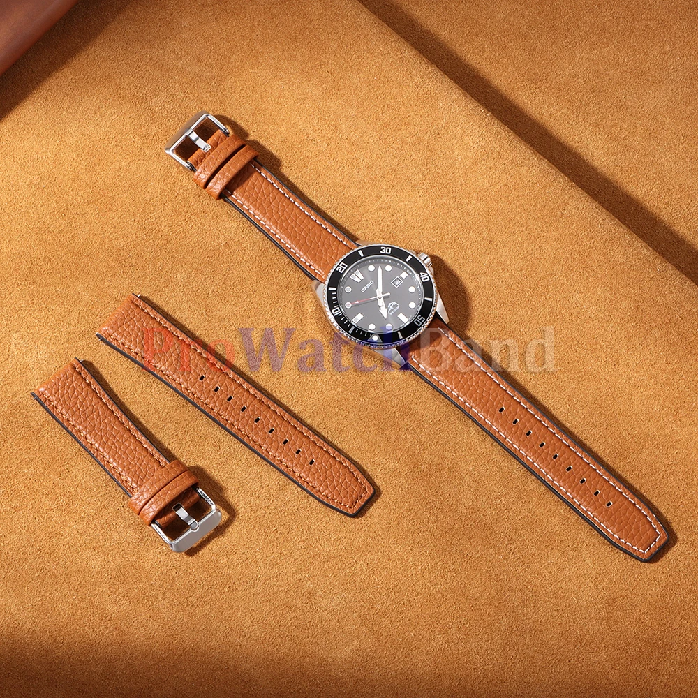 High-Quality Brown Lychee Pattern Leather Watch Band - Universal Fit