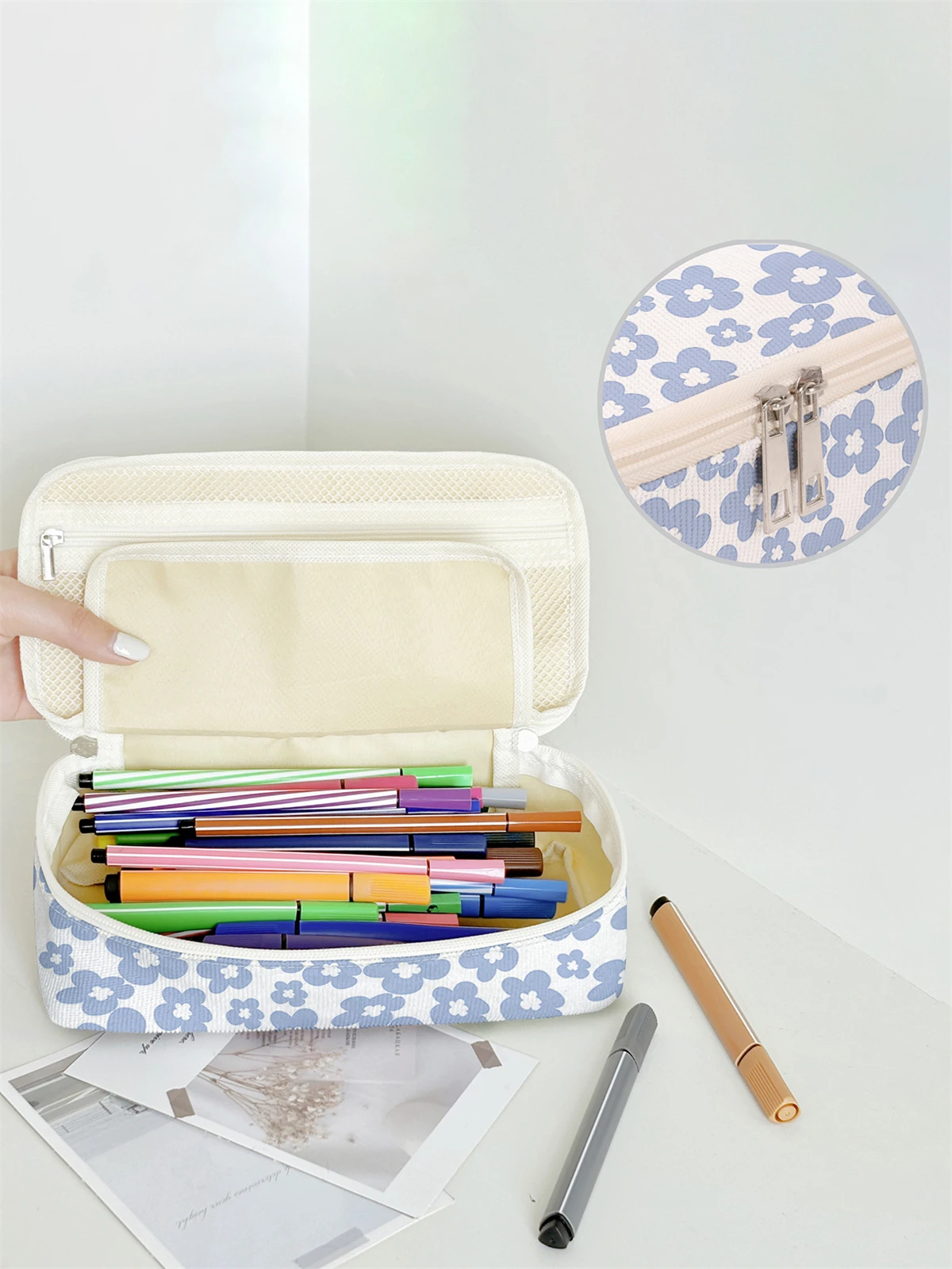 Flower pattern printed large capacity pencil case, durable multifunctional storage bag, portable zipper storage box