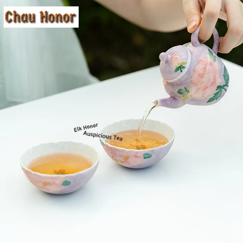 Purple Smoke Peony Travel Tea Set Kit Luxury 1 Pot 2 Cups Tea Maker Organizer Portable Camping Stock Bags Accessories Decoration