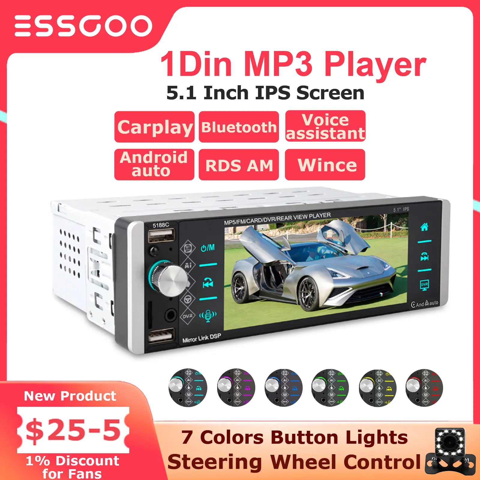 

ESSGOO 1 Din MP3 Player 5.1 Inch IPS Screen Car Radio Carply Android-auto Autoradio Stereo RDS Bluetooth Voice Assistant Wince