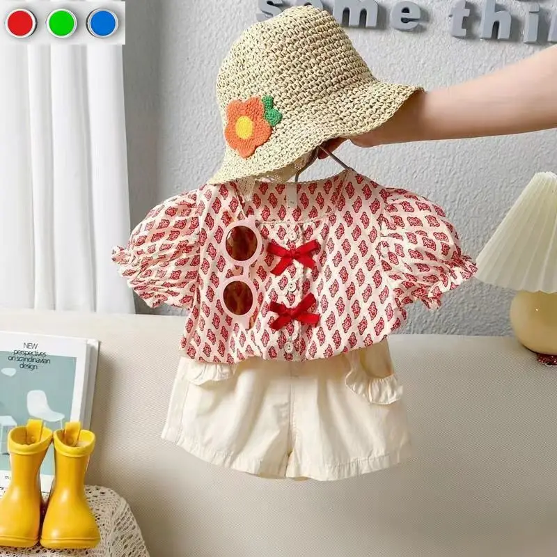 

Летняя одежда для малышей, Новый Модный комплект одежды для малышей, корейская детская одежда для девочек, одежда с коротким рукавом, топ и шорты, комплект из двух предметов