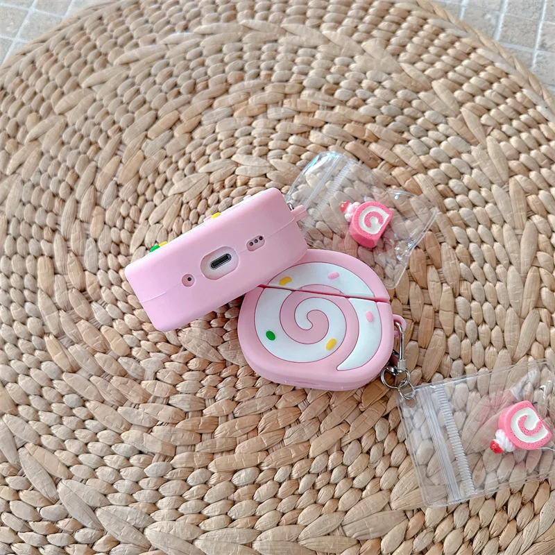 3D Swiss Roll Lifelike Soft Silicone Earphone Protective Case with Pendant