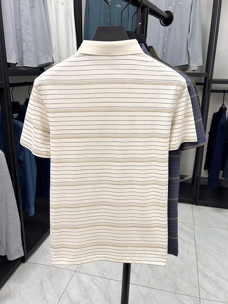 High quality stripe men short sleeve polo shirt light luxury pocket comfort breathable summer silky cotton casual lapel T-shirt 16 S5f736602b7d94dfba4c751ffa2b2975aj