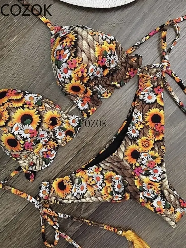 Sexy Micro Bikinis Set 2023 New Swimsuit Women Feather Print Bandage Swimwear Female Bathing Suit Brazilian Biquinis