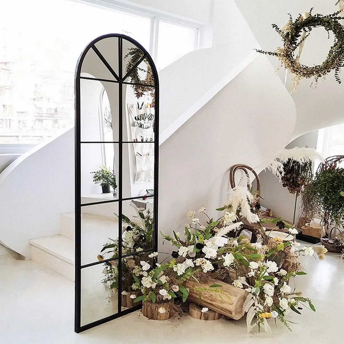 65&times;22" Arched Window Finished Full Length Mirror, Wall Mirror, Metal Frame, Home Decor Windowpane , Wall Mounted
