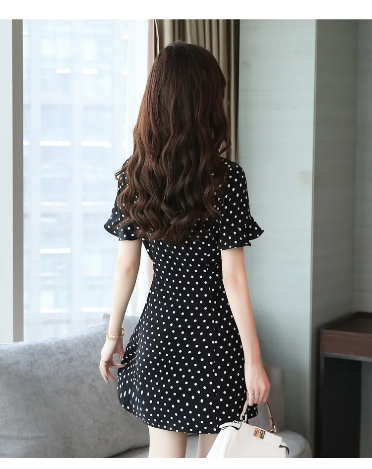 Short Dresses Women 2022 Summer Dresses Woman Casual Chiffon Bandage Sexy Black White Floral Mini Polka Dot Dress V-neck 8595# bodycon dress