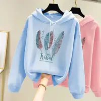 Sweat à capuche imprimé plumes pour femmes, mode automne hiver, Plus velours, décontracté, ample 3