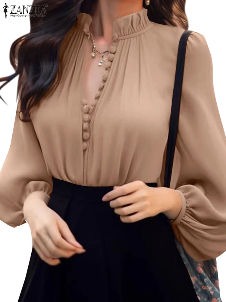 ZANZEA-قمم فانوس طويلة الأكمام ، قميص فضفاض برقبة...