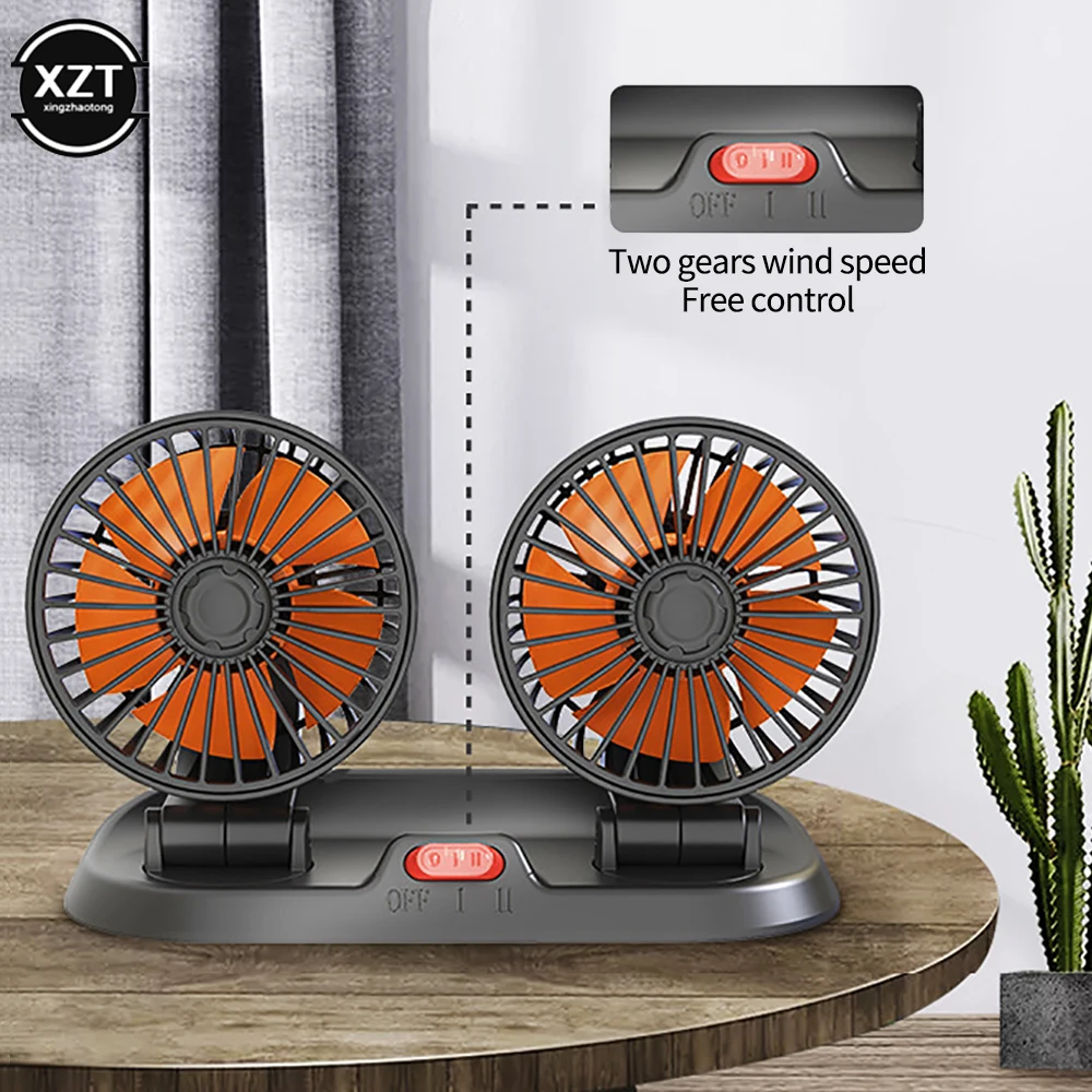 

12V 24V Portable Dual Head Car Fan 360 Degree Rotation Car Auto Air Cooling Fan USB Air Circulation Fans for Dashboard RV Truck
