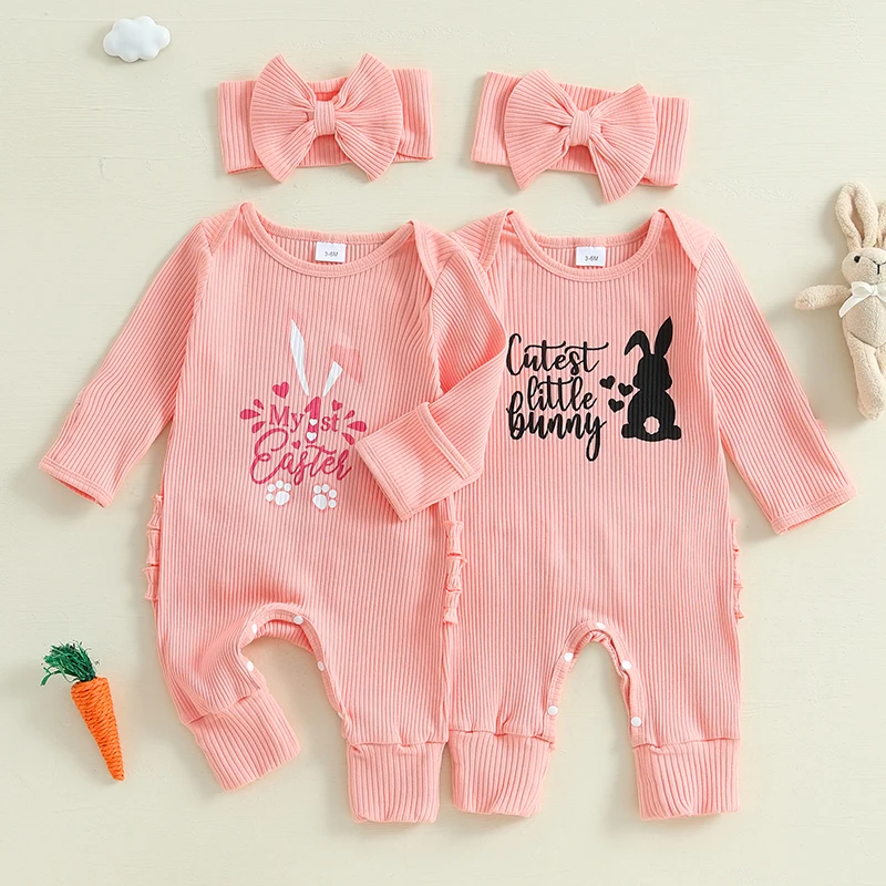 Pudcoco Baby Girls Rompers Easter Clothes Letter Rabbit Print Frills Infant Bodysuits Jumpsuits with Headband 0-6M