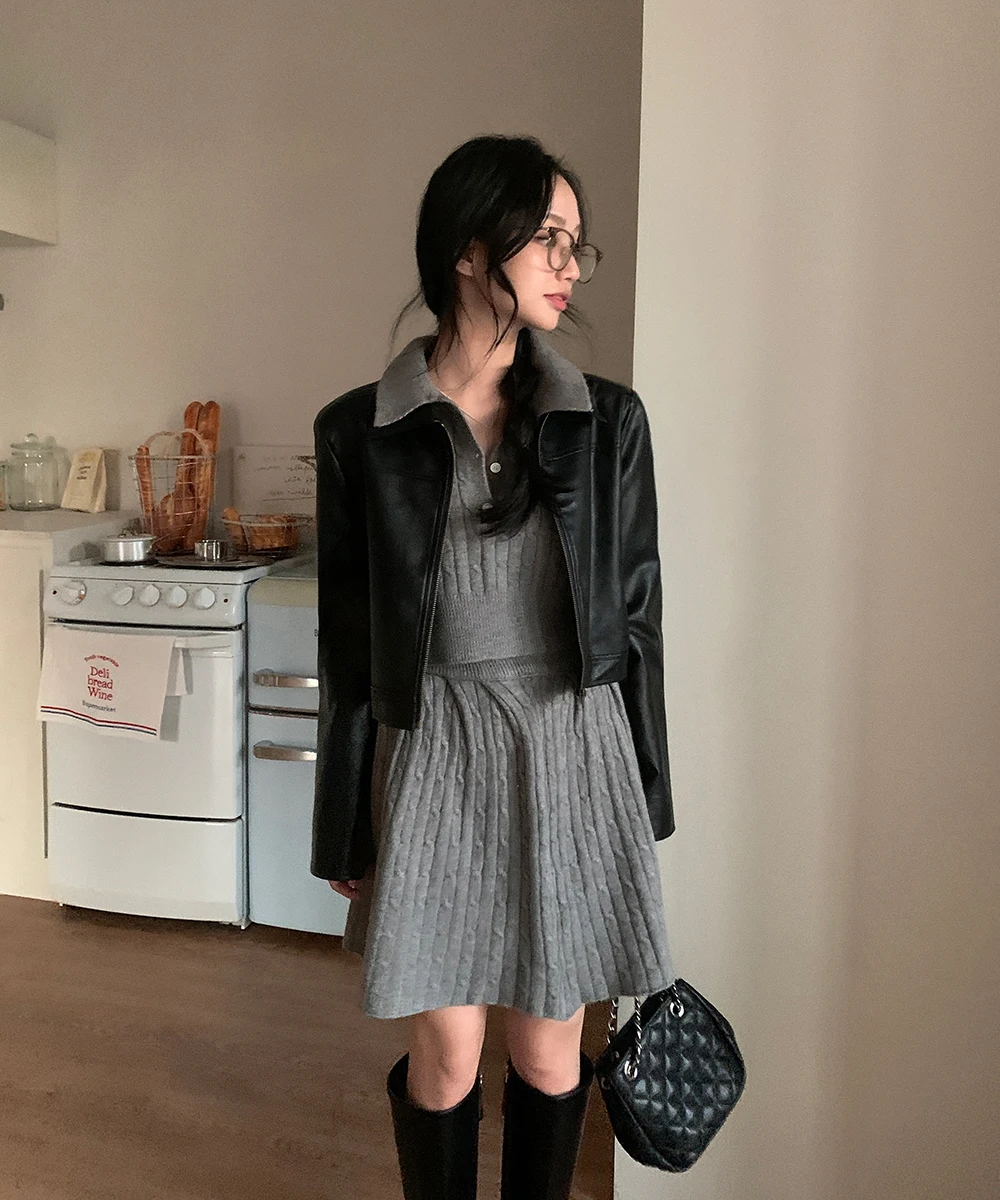 Korean Fashion Two-piece Set Women Pullover Turn-down Collar Crop Top Mini Skirt Solid Casual Suit Autumn New Knitwear Outfits