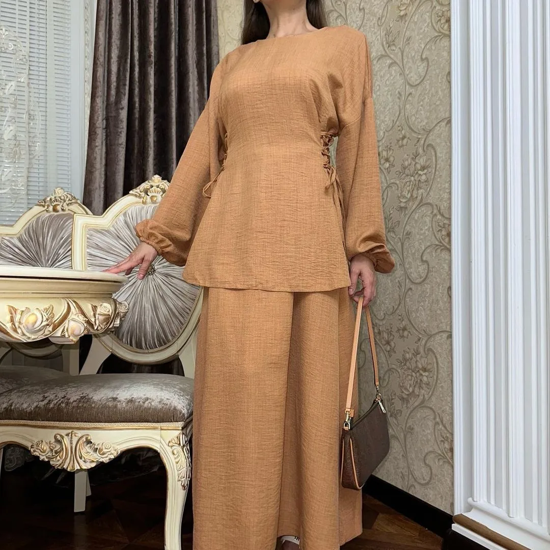 

2024 Middle East Arab Women Muslim Sets New Fashion Lace-up Long Sleeve Shirt+Long Skirt Casual Suit Women Islam Modest Clothing