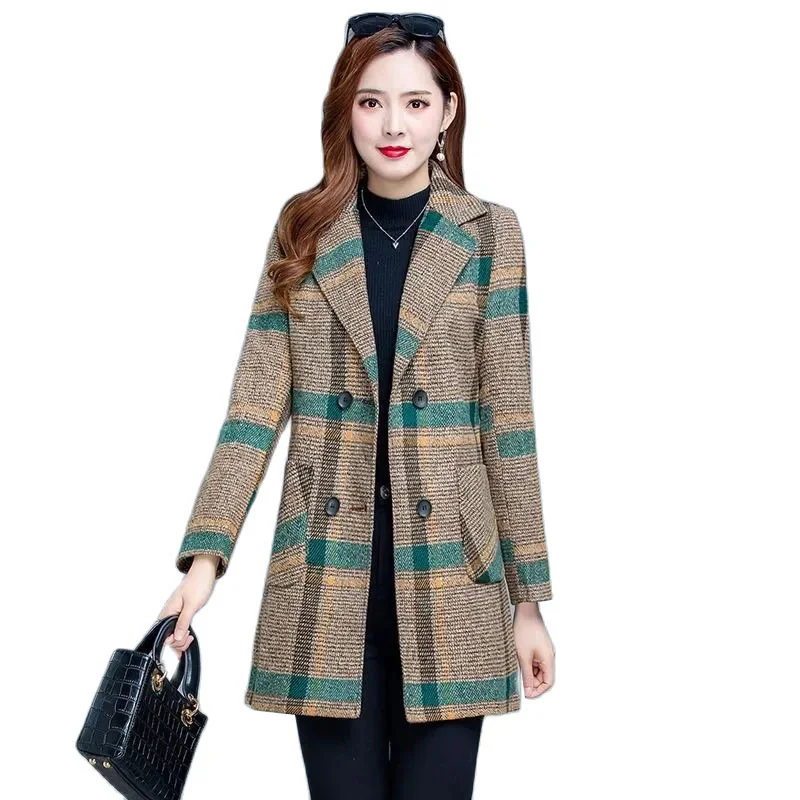 

Middle aged New Autumn Winter Plaid Women's Woolen Coat Mid-length Casual Female Jackets Double breasted Outerwear Overcoats Coa