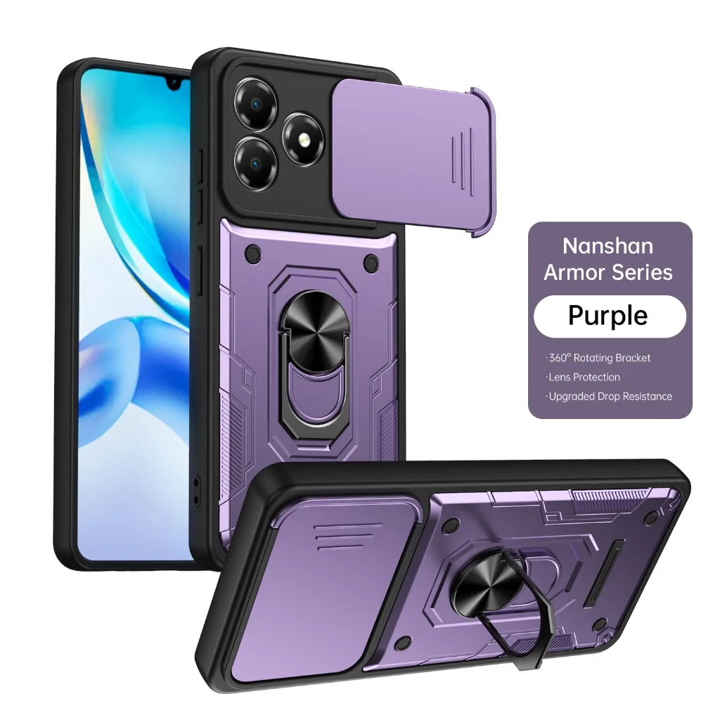 Shockproof Armor Phone Case with Slide Camera Protection and 360° Rotating Ring Holder Kickstand
