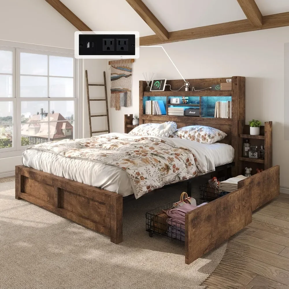 bedstead with 49.6" Bookcase Headboard & 2 Detachable Bedside Stoage Racks & 4 Drawers, with RGB LED & Charging Station,bedstead 2