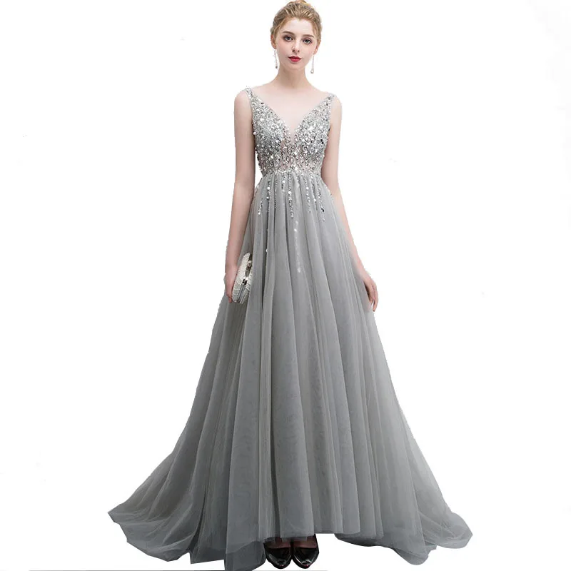 

Charming V-Neck Beaded Evening Dresses A Line Gray Party Gowns Backless Vestidos De Noche