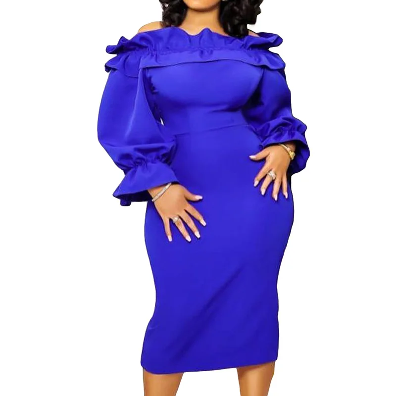 Sexy One Word Collar Ruffles Patchwork Puff Long Sleeve Solid Lady Autumn Off Shoulder Pleated Slim Plus Size Bag Hip Midi Dress
