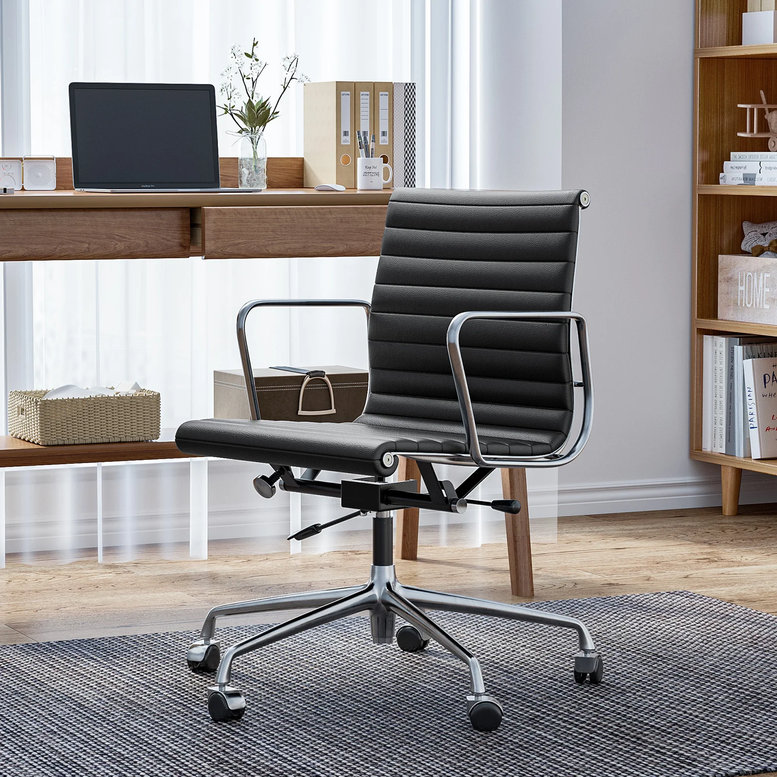 Mid Back Classic Genuine Leather Office Chair Ergonomic Office Chair Adjustable Swivel Leather Computer Desk Gaming Chair 6