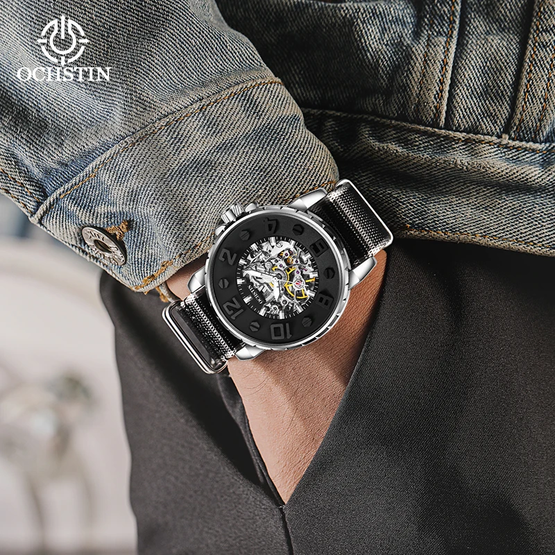 ochstin new 2024 creative nylon series fashionable hundred watches skeleton mechanical movement men's mechanical watches