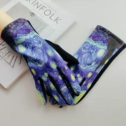 Winter Women Oil Painting Embroidered Flowers Touch Screen Driving Mitten Suede Leather Windproof Warm Sport Cycling Glove