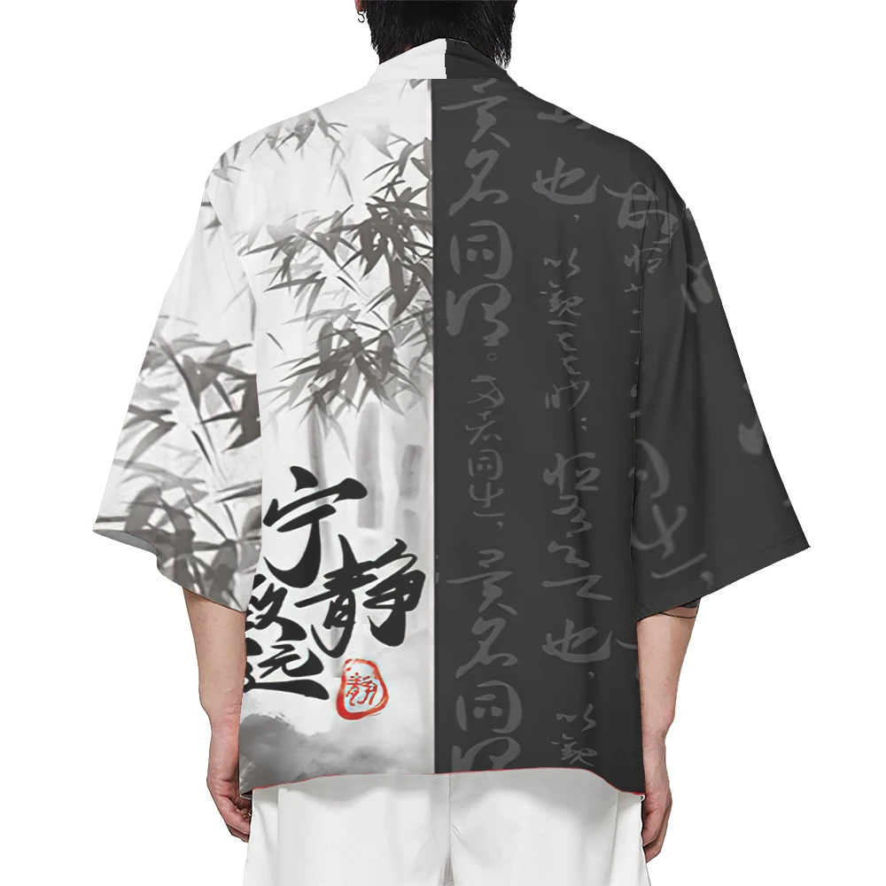 Japanese Kimono Unisex Black & White Cosplay Samurai Tops Cardigan Yukata Traditional Clothing