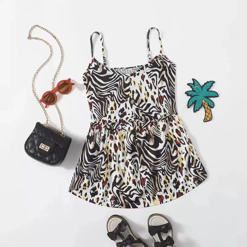 

Платье с леопардовым принтом в европейском и американском стиле, весна-лето, новинка, юбка для девочек, детская одежда, детская одежда, одежд...